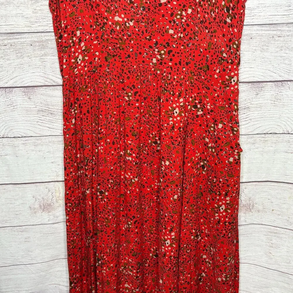 Free People 40's Print Midi Button Up Cap Sleeve Red Lined Shirt Dress Size 12